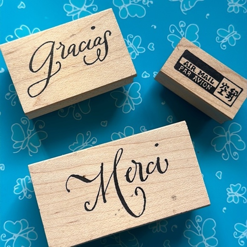 Set of three new Rubber Stamps ; Merci, Gracias and AirMail